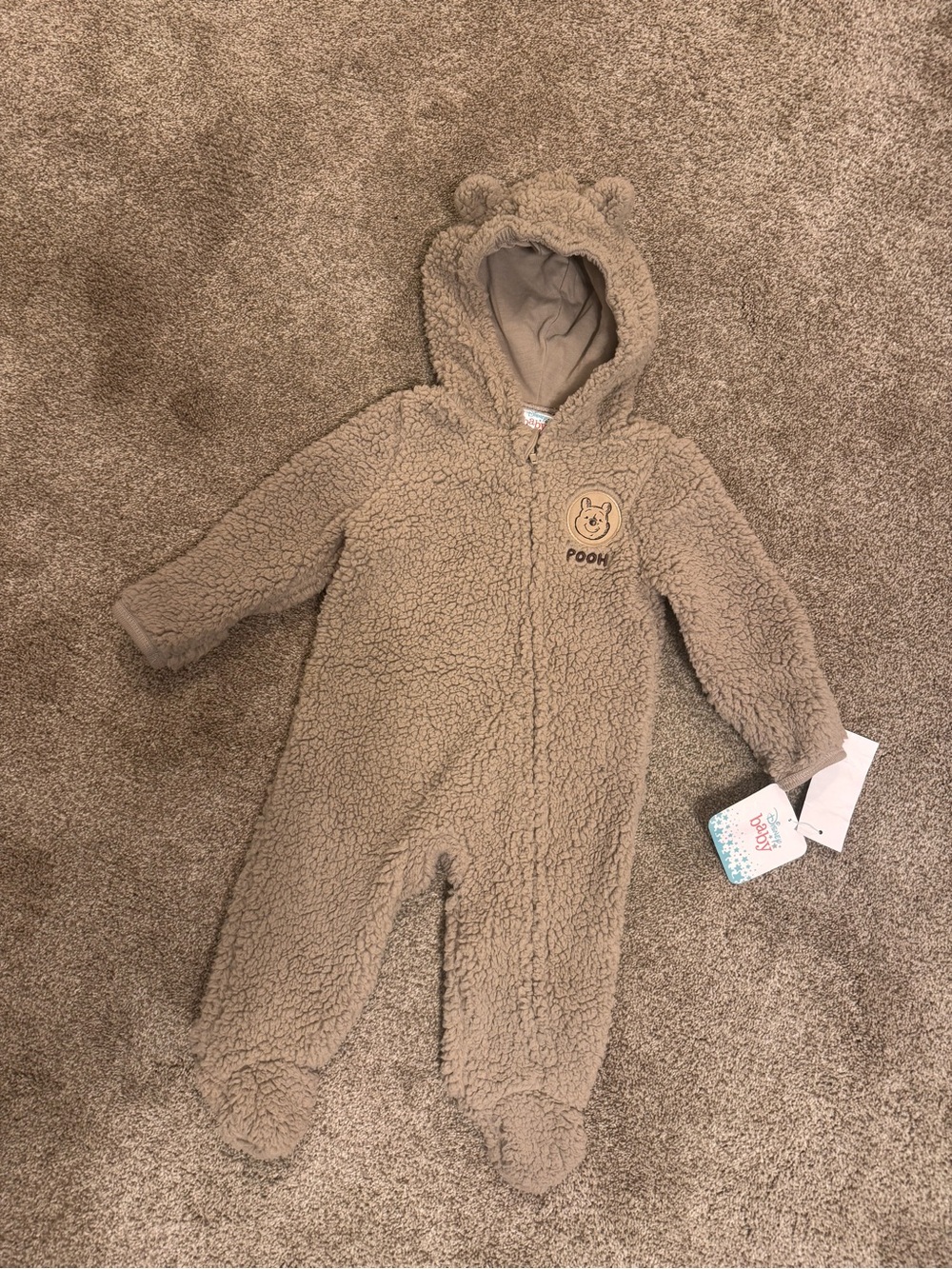 Disney Taupe Sherpa Pooh Hooded Baby One-Piece